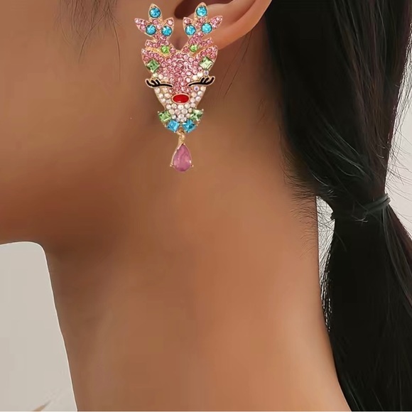 NWT Pink Christmas Reindeer Jeweled Hypoallergenic Earrings. - Picture 4 of 10
